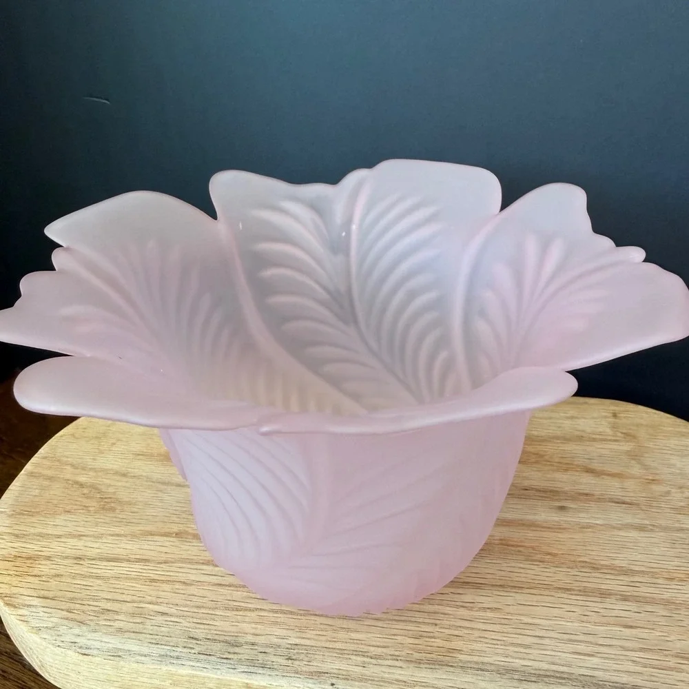 PartyLite Pink Rose Frosted‎ Glass Lotus Flower Candle Holder Floral Centerpiece